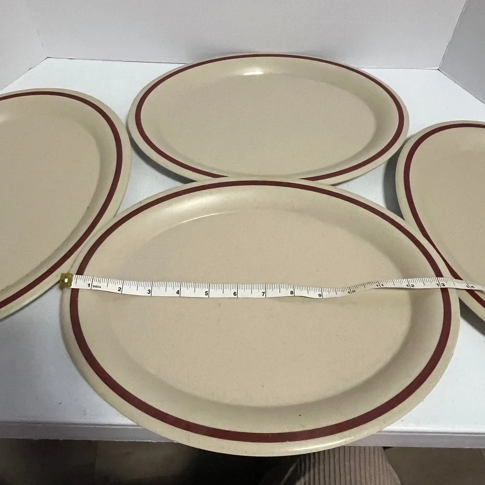 Vtg G.E.T. Melamine Dinner‎ Plates Set of 4 Tan Brown Rim Rest. Ware Oval READ